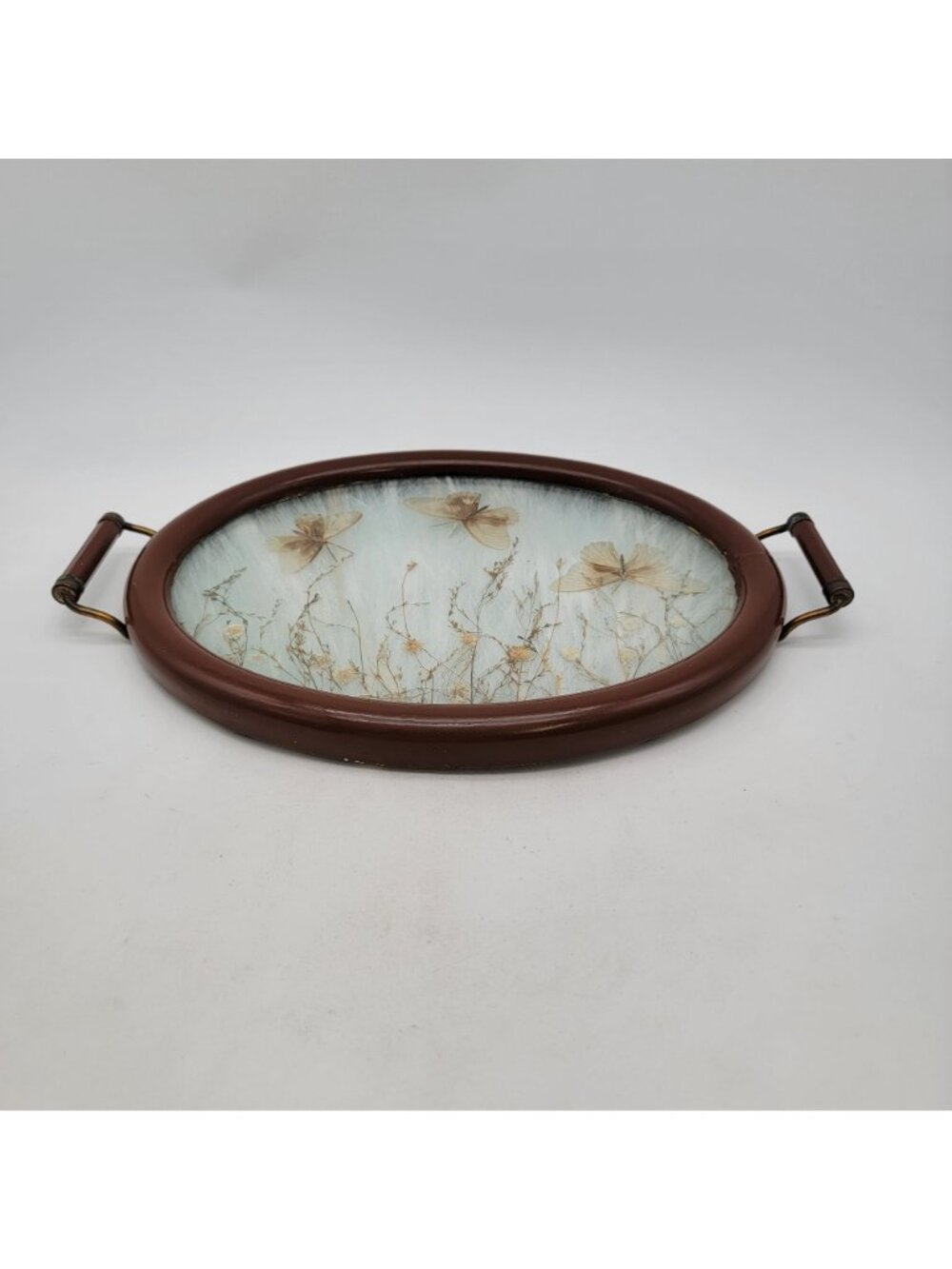 Antique Victorian Pressed Flowers & Butterflies Oval Wood Serving Tray w/ Glass - Picture 2 of 6